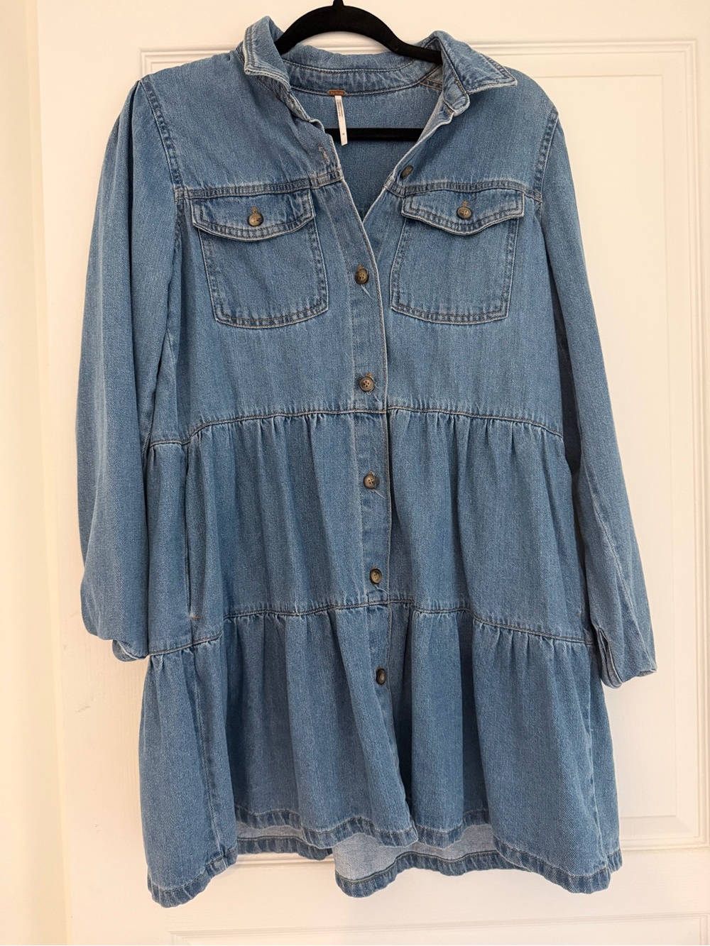 Free People Light Blue Denim Tiered Mini Dress